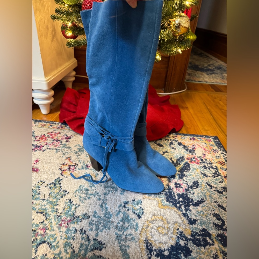 twiggy LONDON Blue Suede Mid-Calf Heeled Boots
